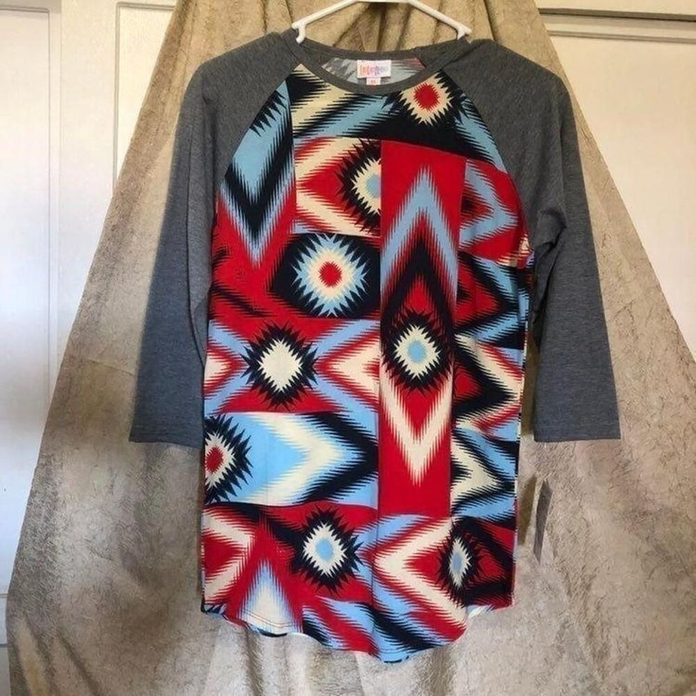 LuLaRoe Randy Aztec primitive native‎ raglan red grey babeball shirt XS
